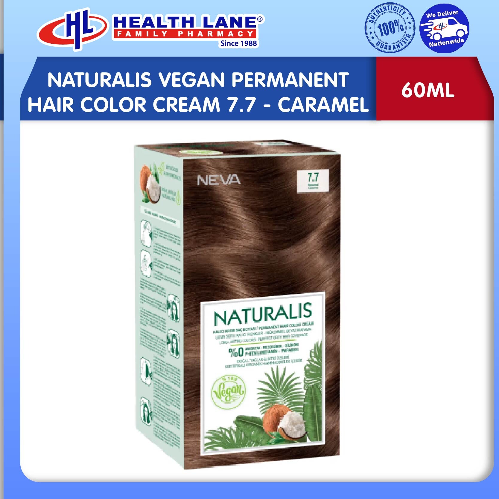 NATURALIS VEGAN PERMANENT RAMBUT COLOR KRIM 7.7 - CARAMEL (60ML)